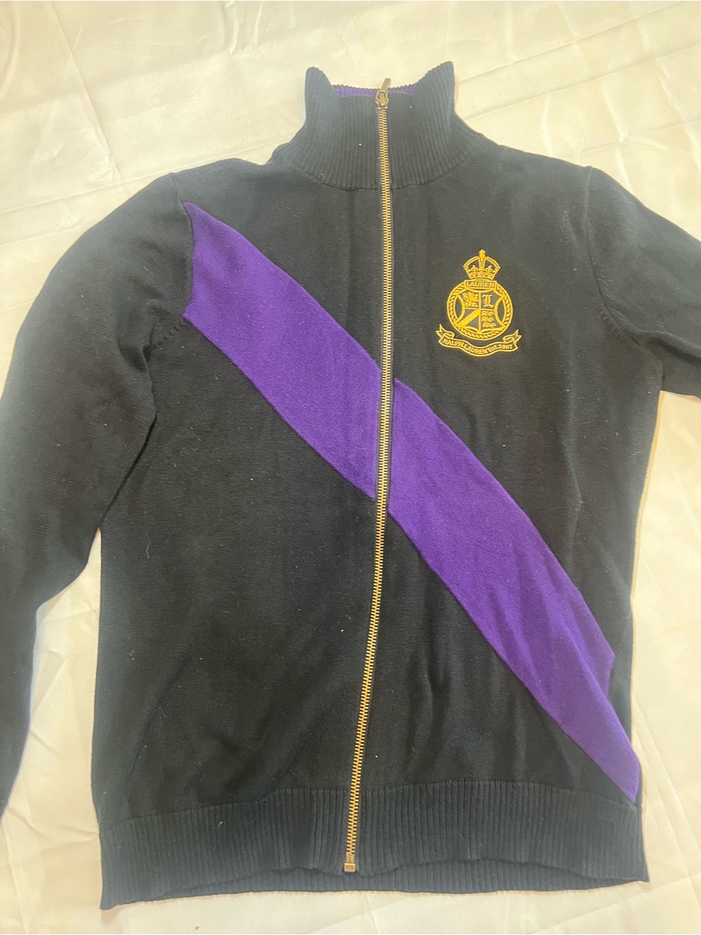 Ralph Lauren Black Zip Sweater with Purple Diagonal Stripe and Gold Crest